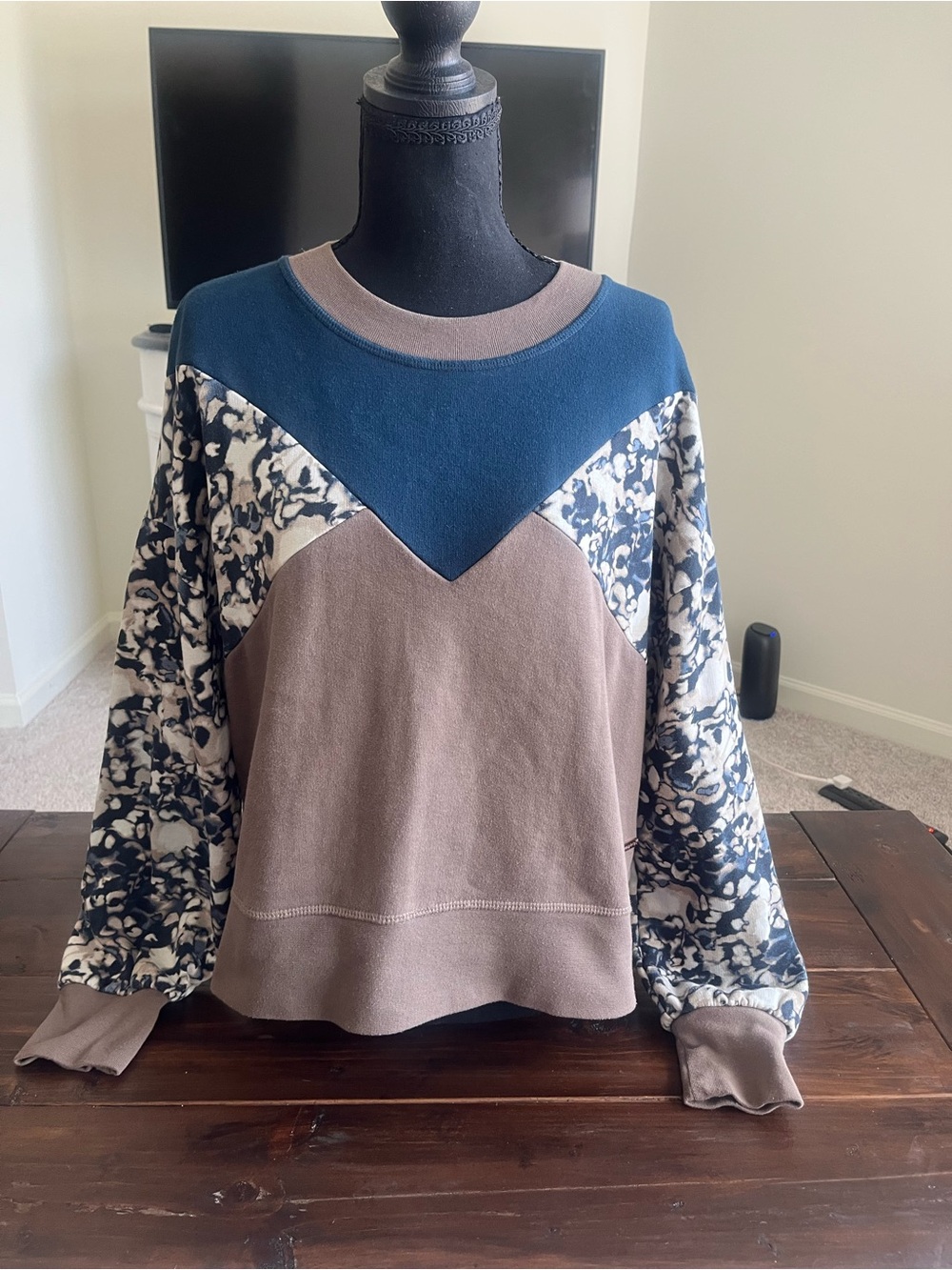 Sweaty Betty Colorblock Pullover Sweater in Blue, Taupe and Floral Print